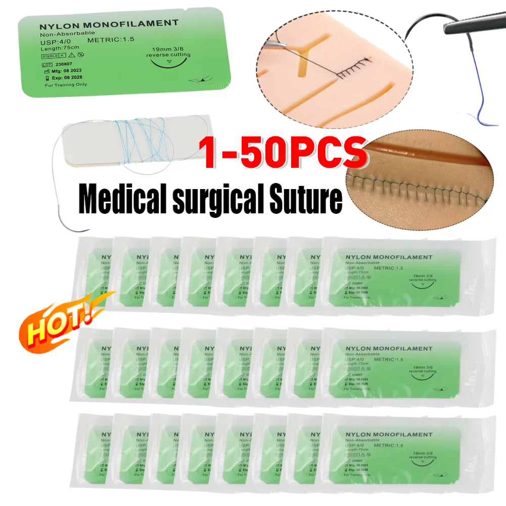 Aguja de monofilamento para ejercicios de enseñanza, hilo de sutura quirúrgica médica, simulación de nailon, 1-50 piezas, 4/0