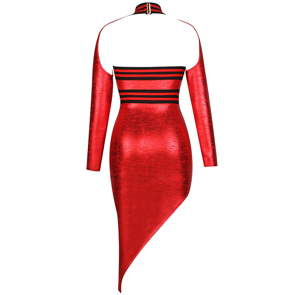 New Ladies Wear Fashion Women Red Sexy Backless V-Neck Cross Halter Neck Long Sleeve Knitted Gold Plated Coating Hollow Dress