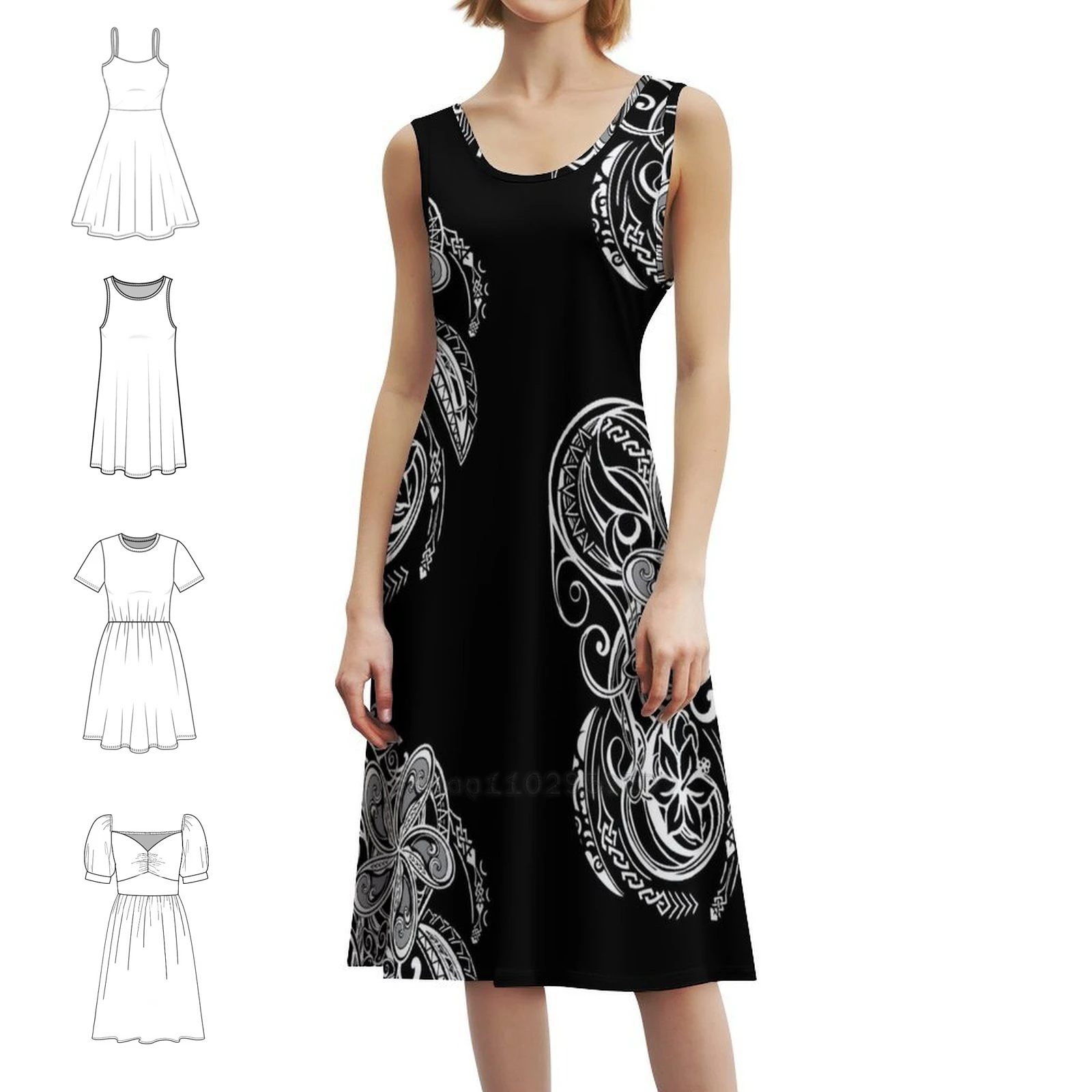 هاواي أبيض وأسود القبلية المواضيع الأزهار سموك فستان للنساء الربيع الصيف فستان كاجوال للحزب هاواي ساموا #1