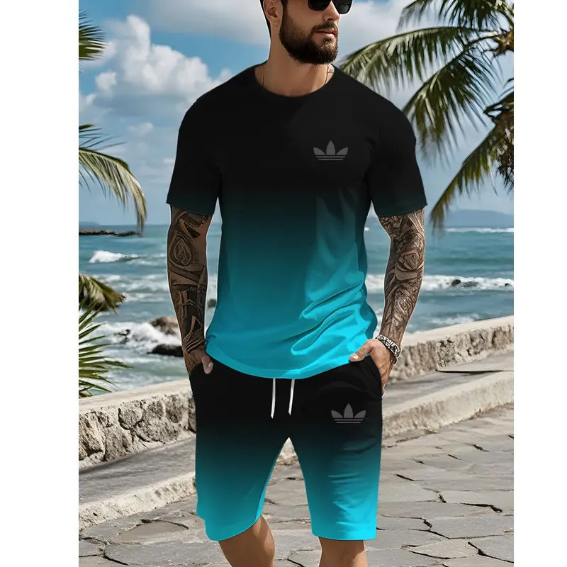 2024 Urban Street Fashion Trend Men's Round Neck Short Sleeve Set Outdoor Casual Simple Printed Men's Top Outdoor Casual Shorts