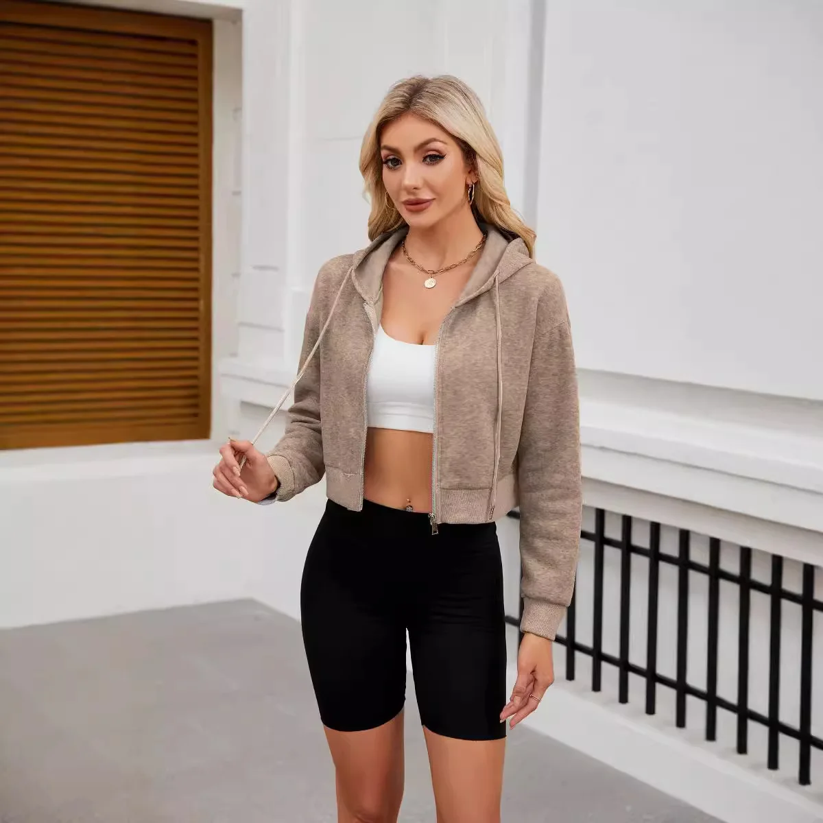 Women's Fashion Hooded Sweater Autumn Winter Solid Color Long Sleeve Zipper Drawstring Design European And American Style
