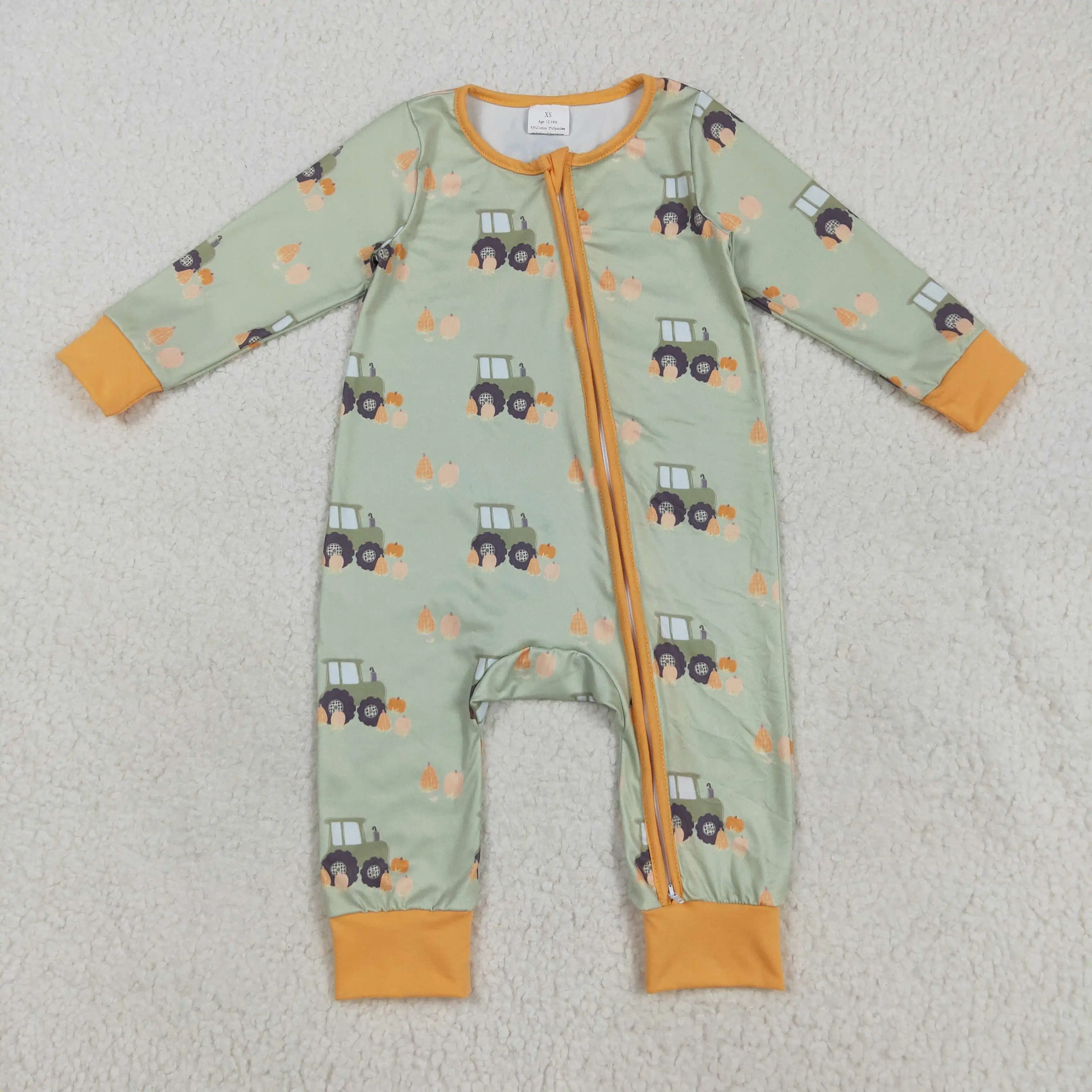 

Long Sleeve Baby Girl New Rts boys Winter Western Clothes Green Tractor Pumpkin Print Romper High Quality Wholesale Jumpsuit