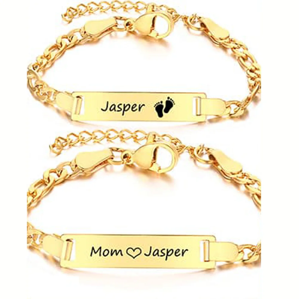 Custom Engraved Mom Names Birthday Date Bracelets Figaro Link Chain Smooth Bangle Personalized Family Love Gifts Jewelry