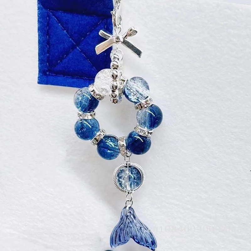 1Pc Mermaid Tail Keychain - Blue Beaded Phone Lanyard with Bow Charm Gift Cute Key Accessory〔YY33〕