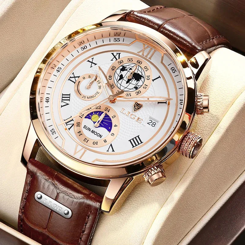 LIGE Business Man Watch Top Brand Luxury Leather Strap Casual Quartz Moons Watches for Men Sport Waterproof Watches Reloj Hombre