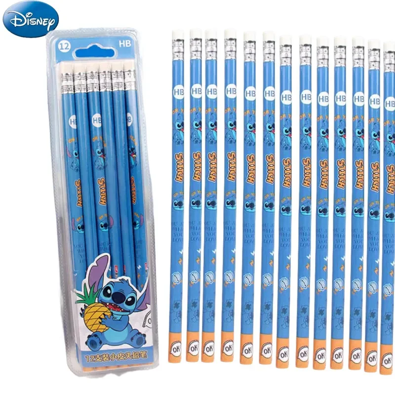 

12pcs Children Pencils Stitch Spider Man Student Cartoon Eraser Pen Cap HB Pencil Set Learning Stationery