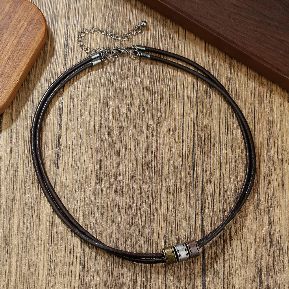 Vintage Ring Anhänger Halskette Hip Hop PU-Lederseil Herren Choker Halskette Mode Schmuck Accessoires – Detail 2