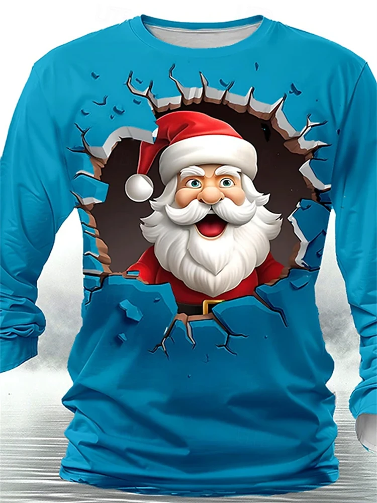 New Fun Christmas Long Sleeve T-Shirt Santa Claus Pattern Sweatshirt Men Role Play Pullover Boys Round Neck Polyester Sweatshirt