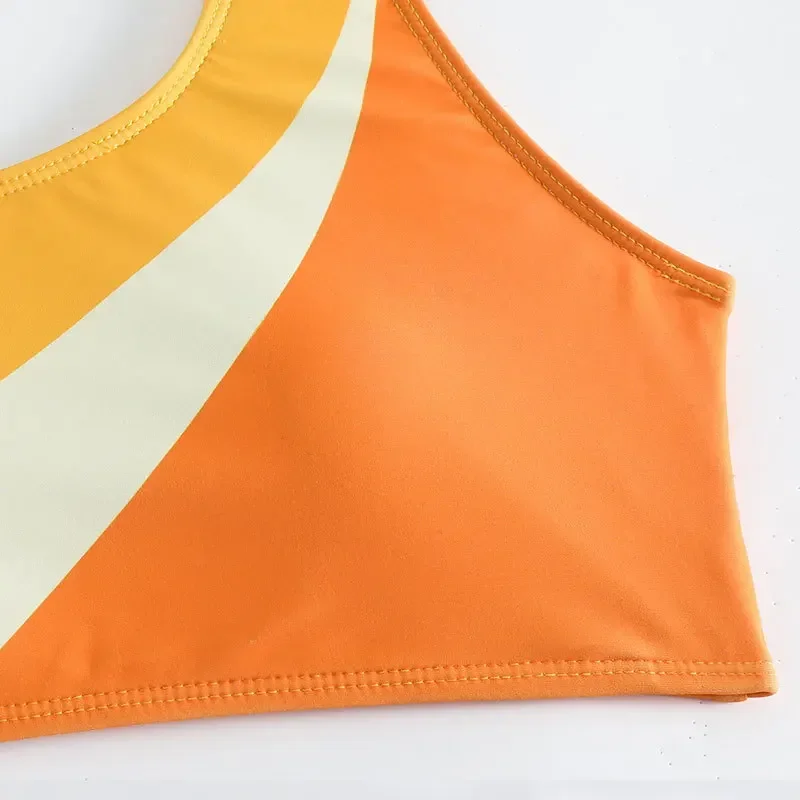 Traje de baño de retazos naranja para mujer, Bikini de 2 piezas de cintura alta, traje de baño sexy sin espalda con un solo hombro, con acolchado, traje de baño para playa