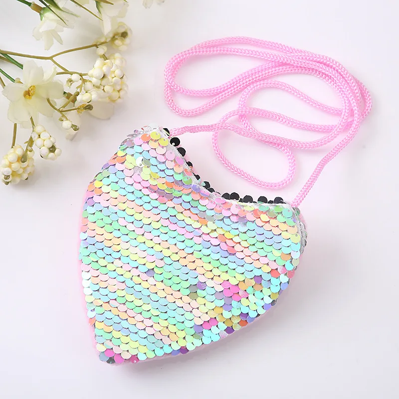 Heart Shape Coin Purse Colorful Sequins Shiny Lanyard Shoulder Bag Children's Messenger Small Pack Kids Handbag Lovely Girl Gift