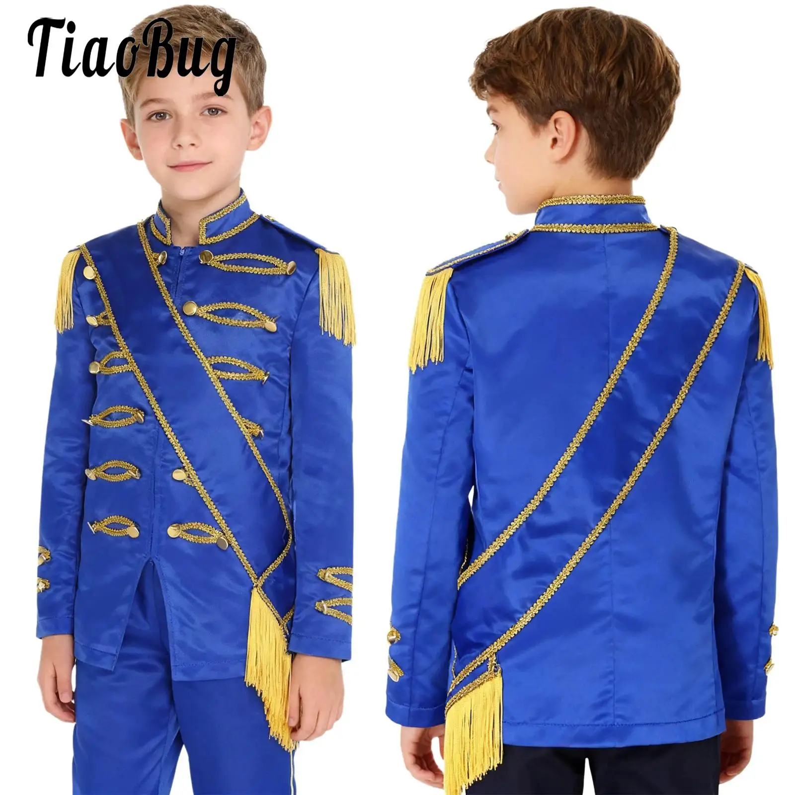 

Kids Boys Drum Band Major Uniform Costume Tassel Long Sleeve Zip-Up Circus Ringmaster Jacket with Sash for Stage Halloween Party