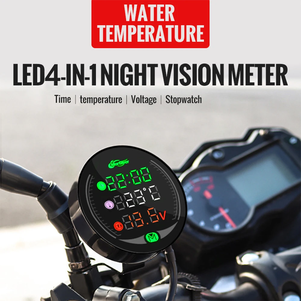 4-In-1 Motorcycle Voltmeter+Electronic Clock+Thermometer+Stopwatch DC 9V-24V Digital Temperature Voltage Tester IP67 Waterproof