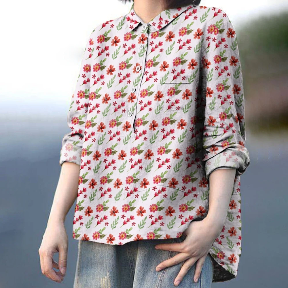 

Blooming Red & Green Flower Print Shirt Nature-Inspired Button-Up Blouse Garden Party Perfect Outfit Chic Floral Fantasy Tops