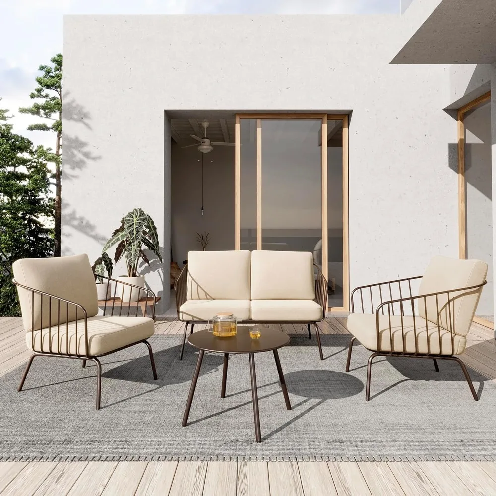 Juego de muebles para terraza de 4 piezas, juego de muebles para terraza al aire libre con sofá acolchado grueso y mesa de centro, muebles para terraza al aire libre