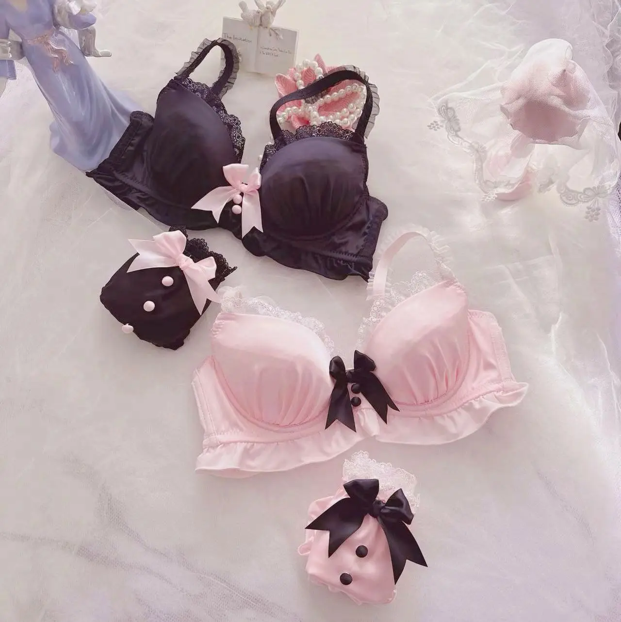 Japanese Maid Dual Color Thin Cup Student Girl Cute Gathering Sexy Lingerie Bra Set