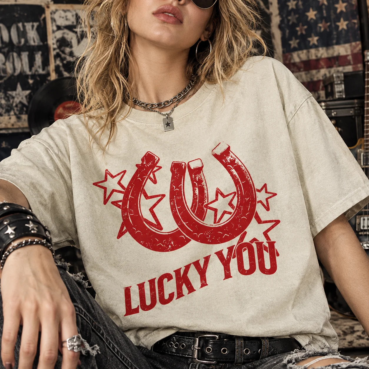 Women Summer Casual Short Sleeve T Shirt Vintage Horseshoe Star Graphic Print Oversized Loose Tee Top Lucky You Streetwear