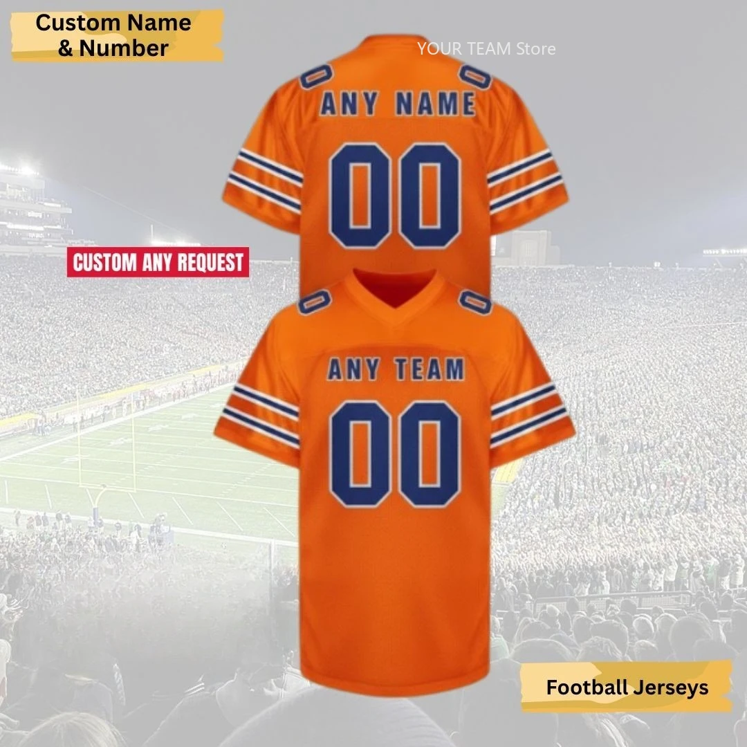 Personalized Orange Blue Trim  Football Jersey Custom Stitched Team Name Number Fan Gift Game Day Sport Practice Wear