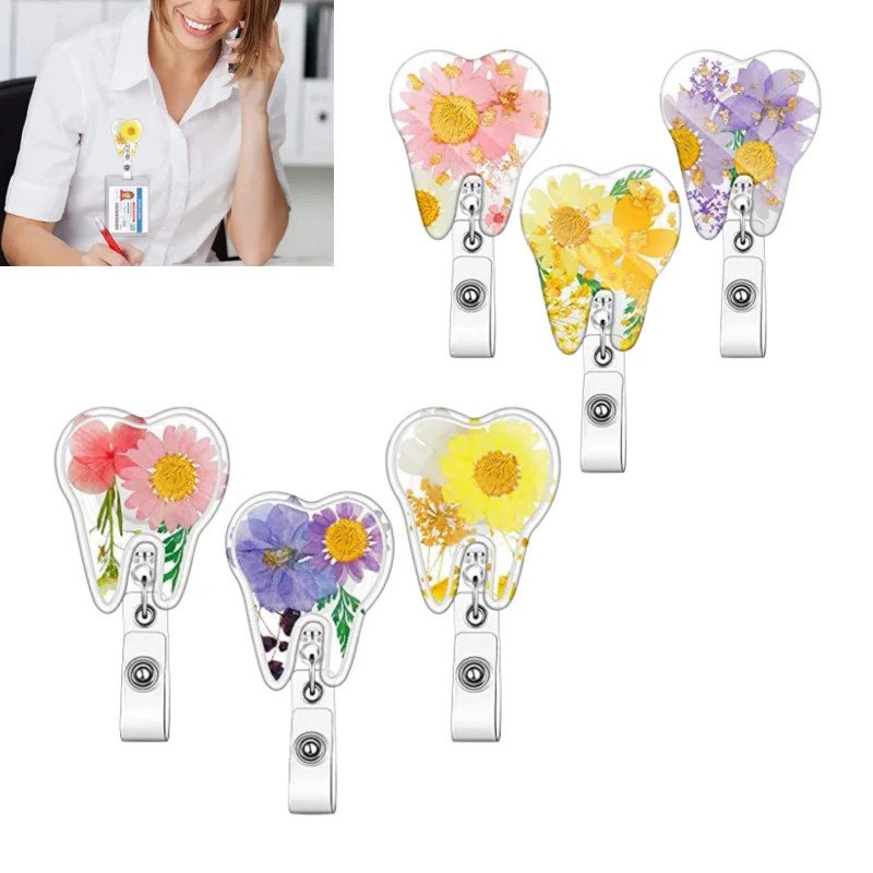 

3pcs Acrylic Dental Retractable ID Badge Holder with 360° Rotating Clip for Dentist Nurse Medical Staff Tooth Shaped Badge Reel