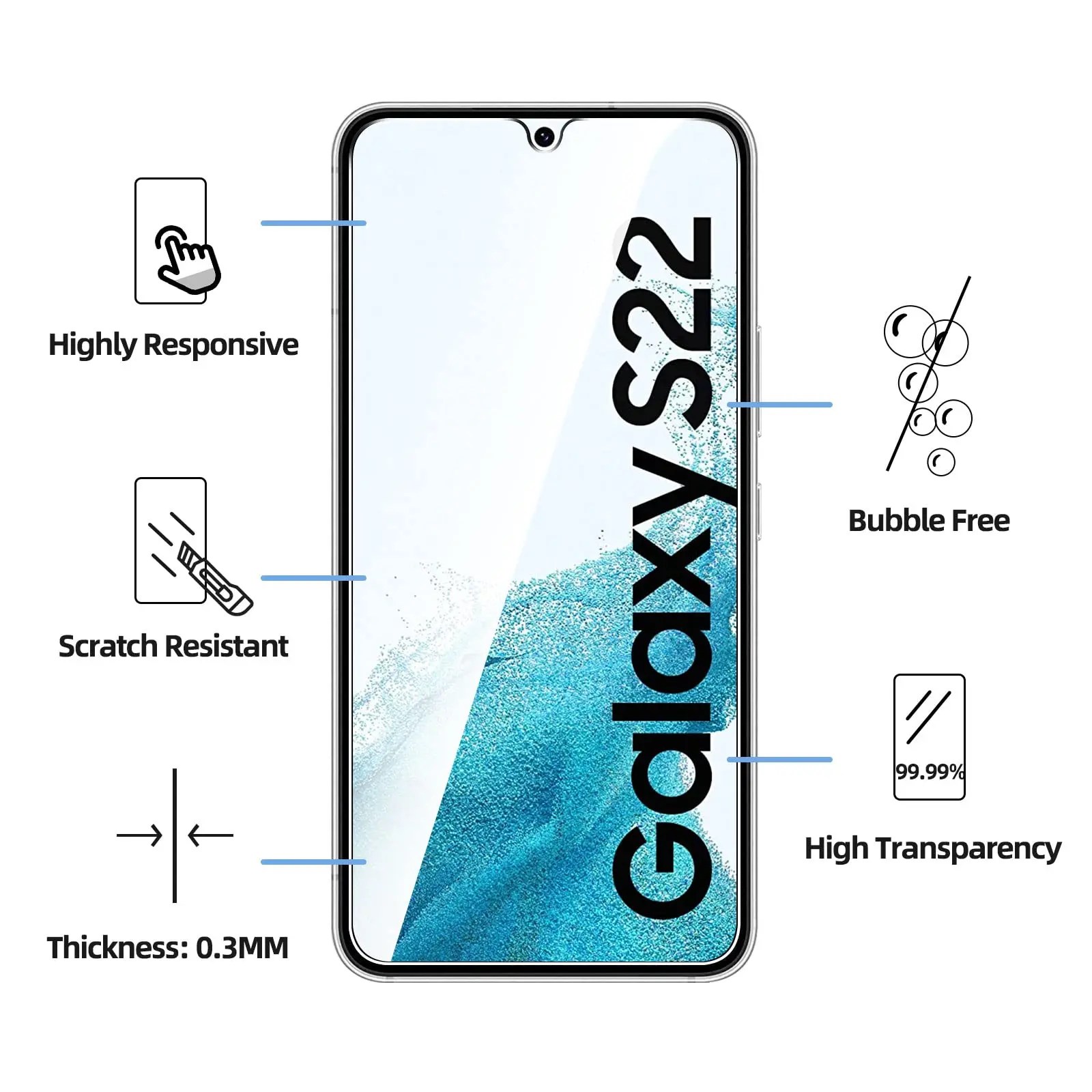 Displayschutzfolie für Galaxy S22 Samsung, gehärtetes Glas, Fingerabdruck-Entsperrung, HD-Kristall, 9H, 0,22 mm hoch, Aluminiumgehäuse, freundlich – Detail 2