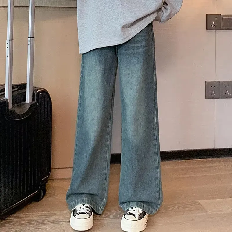10代の若者向けのヴィンテージブルージーンズ、子供向けのカジュアルストレートデニムパンツ、レディースパンツ、無地、韓国スタイル、子供、女の子向け