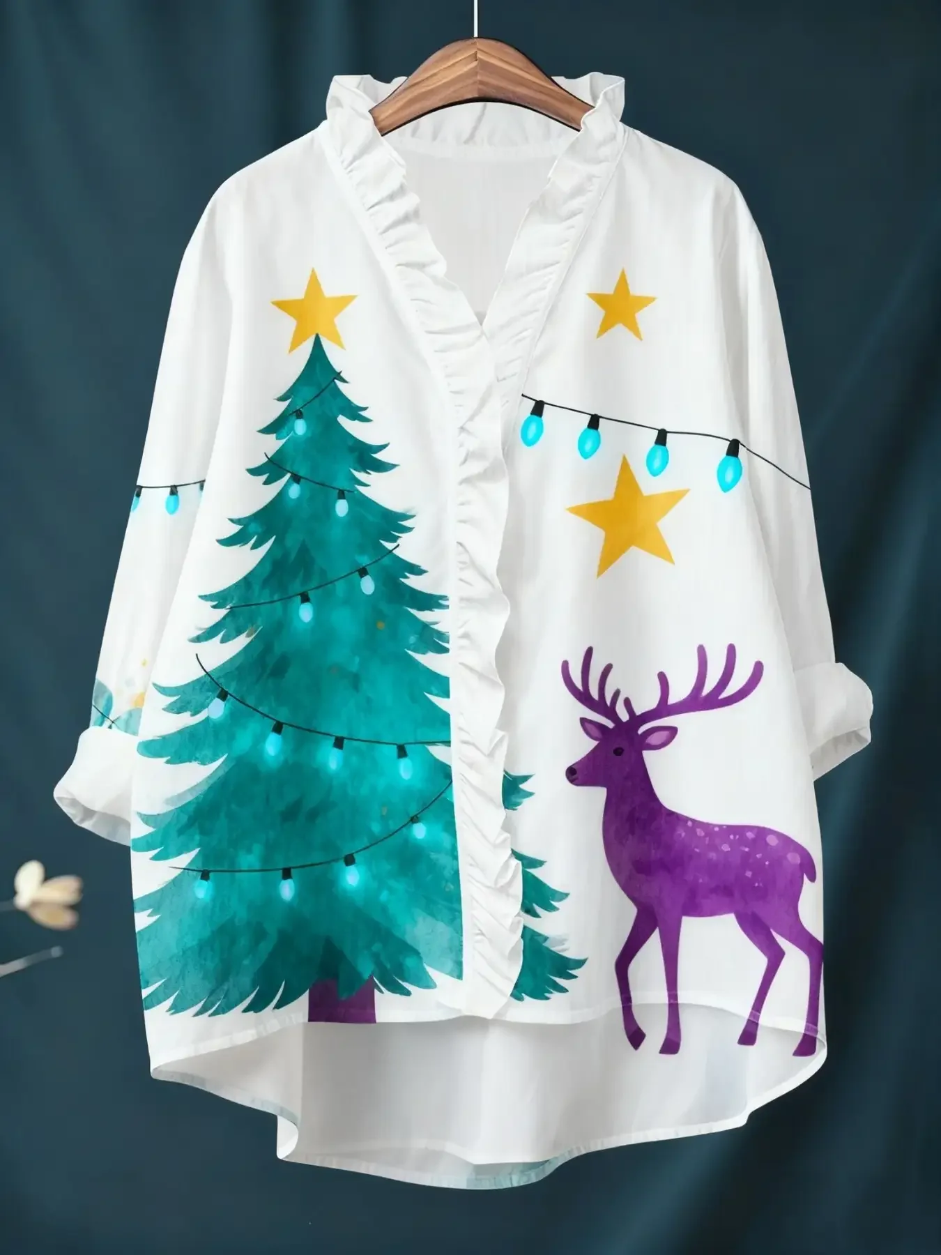 Women's Christmas digital printed long sleeved shirt with ruffled collar,  American style loose button style outerwear
