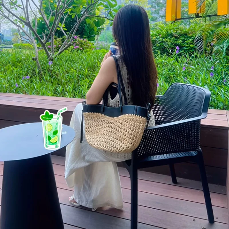 Luxury Raffia Straw Tote Bag,French Style Beach Travel Women Bucket Shoulder Bag,Leather Splicing Woven Large Capacity Handbag image 6