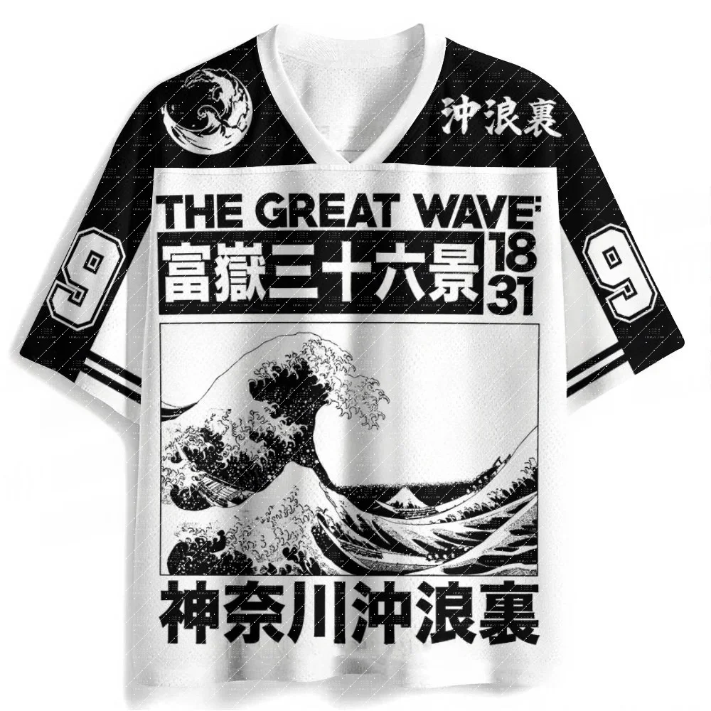 Double Sided V Neck Football Jersey Ukiyo-e Great Wave Mount Fuji Print Black White Number 9 Striped Sleeve Loose Sport Tee