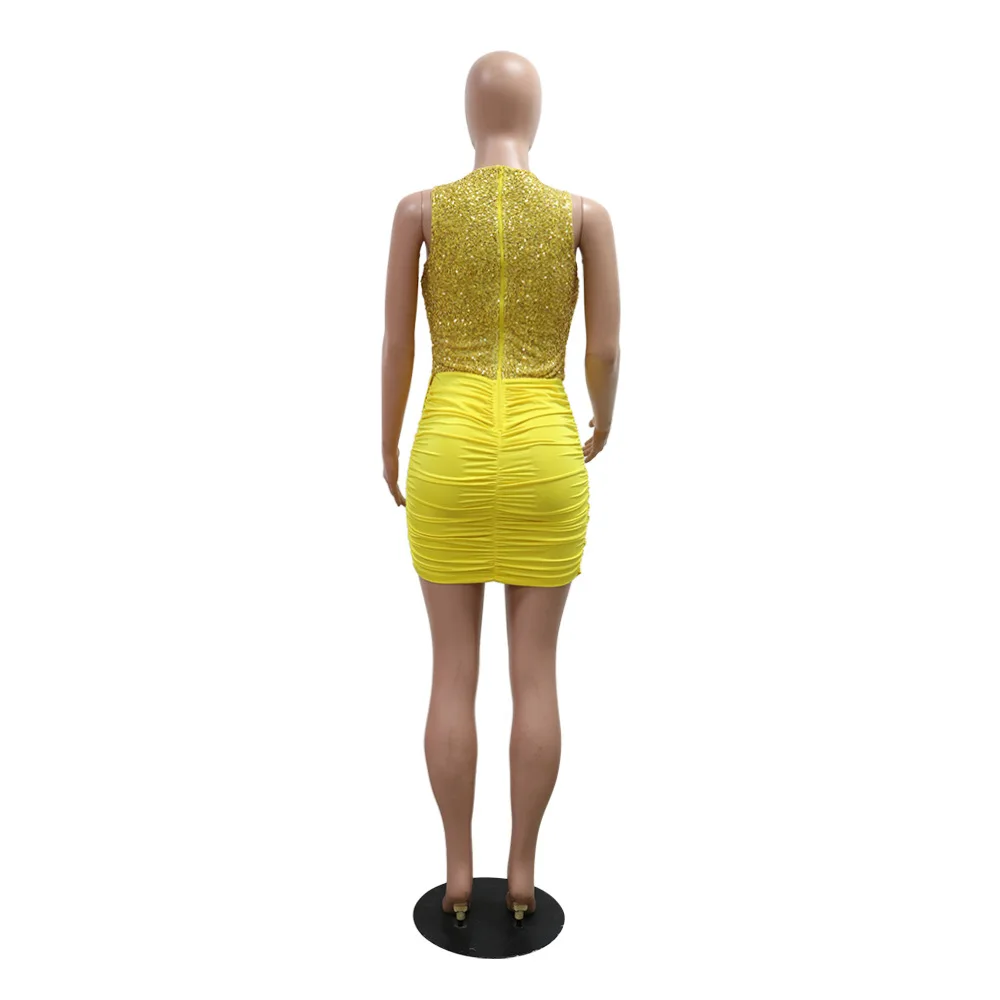 New Fashion Yellow Sequins Sleeveless O-neck Evening Vestidos Patchwork Irregular Ruched Bodycon Birthday Club Dresses for Women