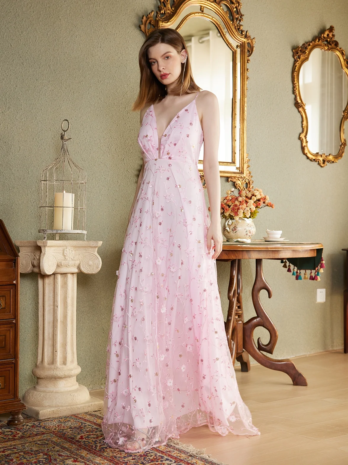 Vestido De fiesta largo rosa con tirantes finos, traje De noche con cuello en V, Floral, talla grande, para invitados De boda