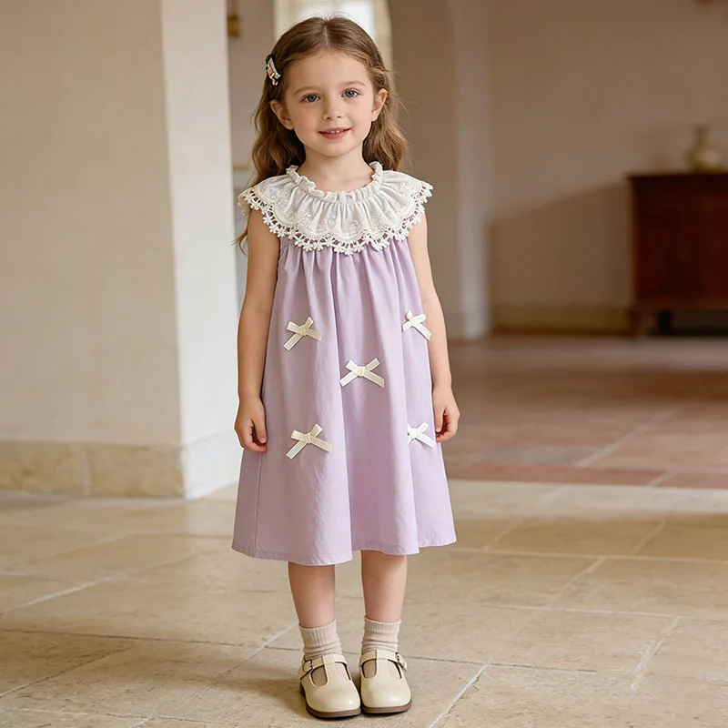 

Girls Dress Summer New Baby Girl Lace Collar Girl Sleeveless Sweet Princess Bow Vest Dress