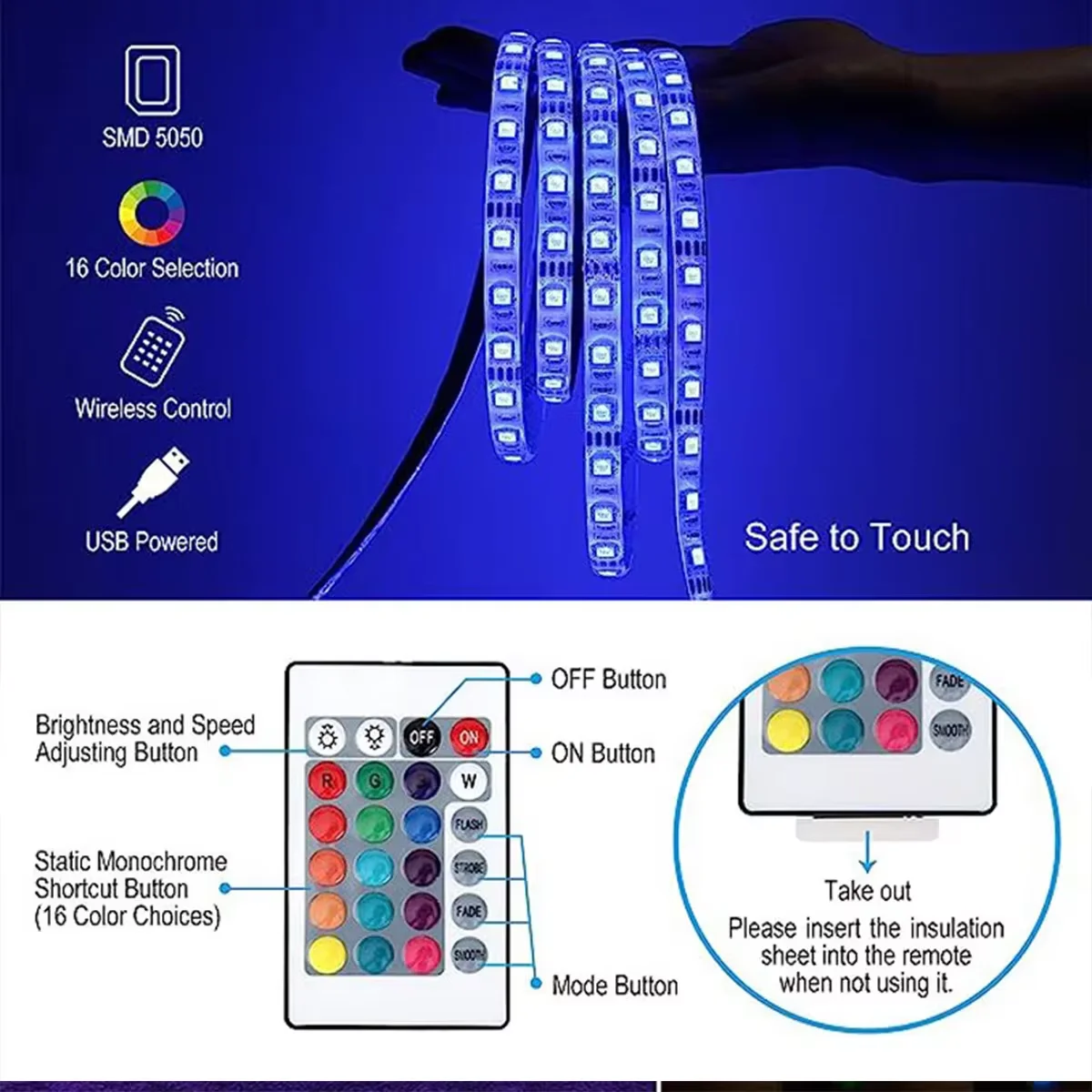 5M 5050 USB Remote RGB Led Strip Lights Background Atmosphere Light Strips Color Bluetooth For Home TV PC Garden Party More