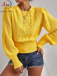 Women Sweater Elegant Lantern Sleeve Knitted Pullover Soft Warm Solid Female Casual Jumper