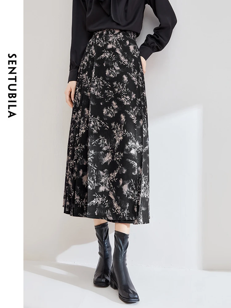 SENTUBILA Printed High Waist Midi Pleated Skirt for Woman 2024 Spring Elegant Floral A-line Horse-face Skirt Clothing Q34Q52431