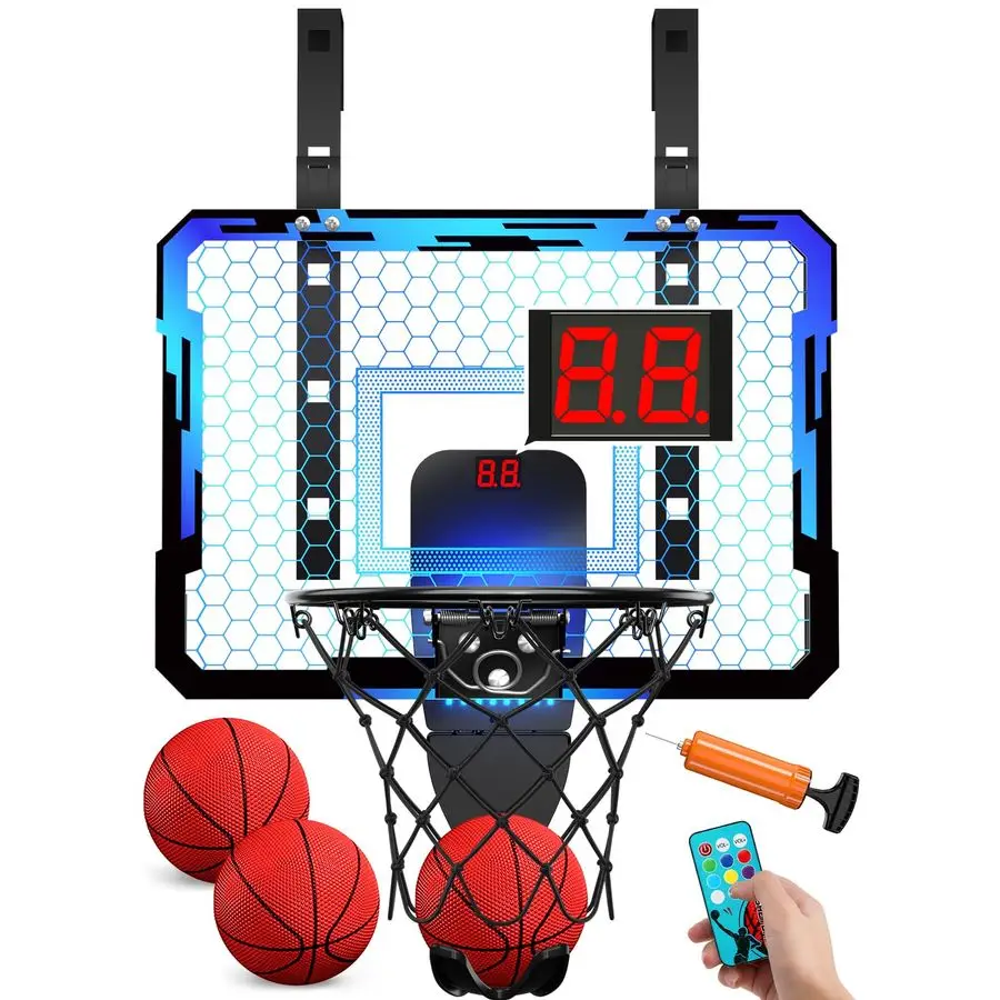 

Indoor Basketball Hoop for Kids, Over The Door Mini Basketball Hoops with 7 LED Lighting, Basketball Toys Gifts for 5 6 7 8 9 10