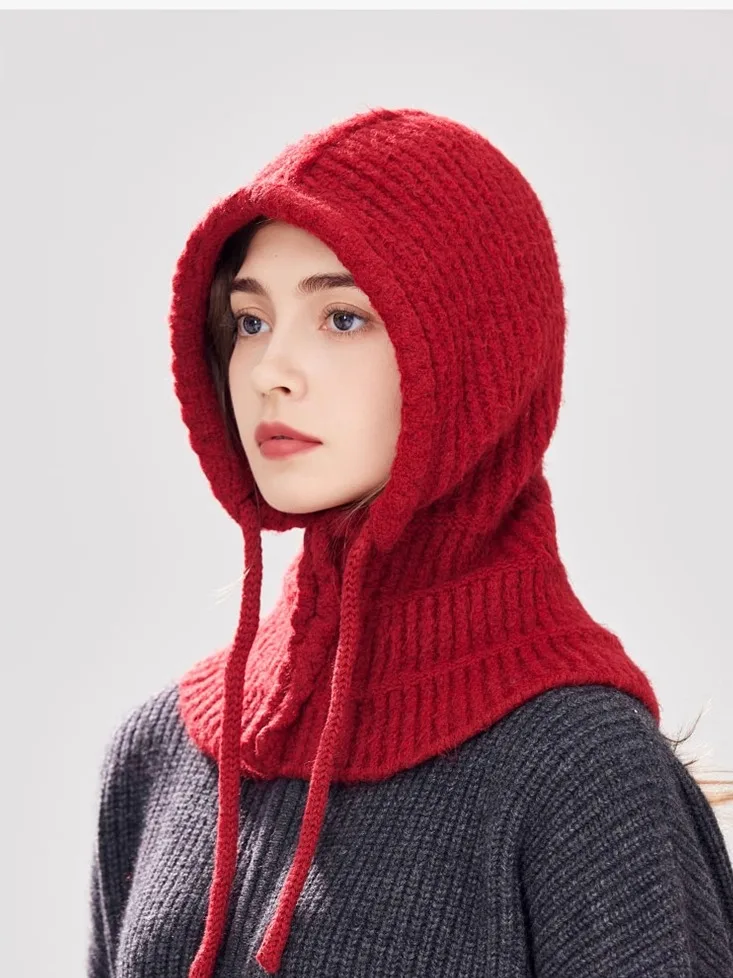厚手のポーラーフリース裏地付きニット帽子とスカーフ一体型冬用帽子、女性用、暖かい耳保護、カジュアルスタイル帽子