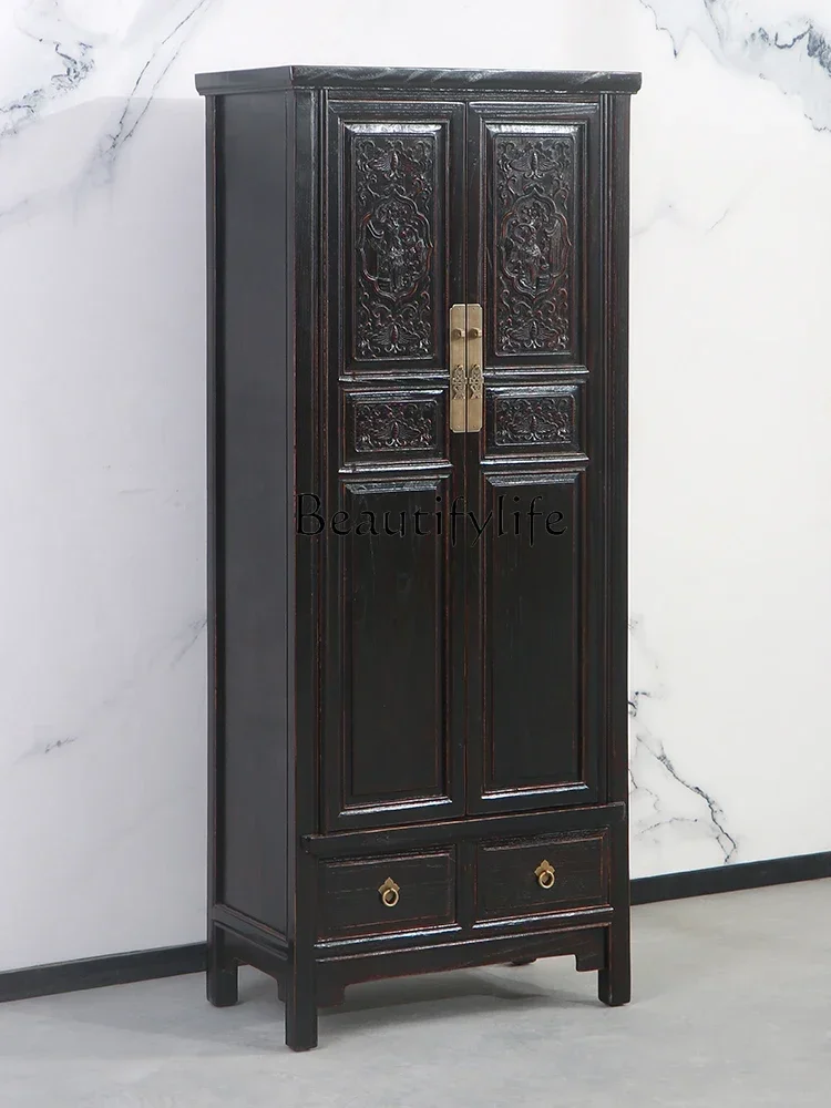 Q S Chinese Retro Wardrobe Antique Solid Wood Carved Bedroom Storage Cabinet Decorative Living Room Cabinet Classical