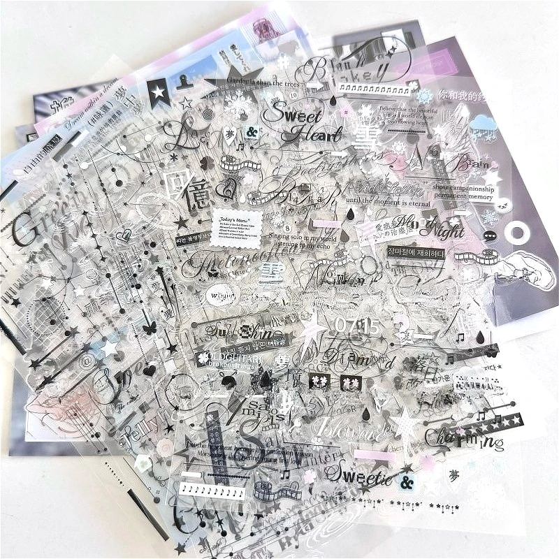 8Pcs Kawaii Black White Stickers PET Y2K Junk Journal Decorative Material Sticker For Scrapbooking Diary Sticker Stationery