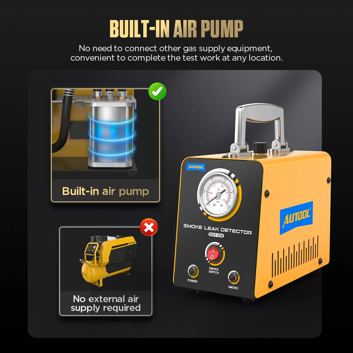 AUTOOL SDT102 Automotive Smoke Machine 12V Smoke Leak Detector Built-in Air Compressor EVAP Vacuum Exhaust Pipe Leak Diagnostic Tester view 3