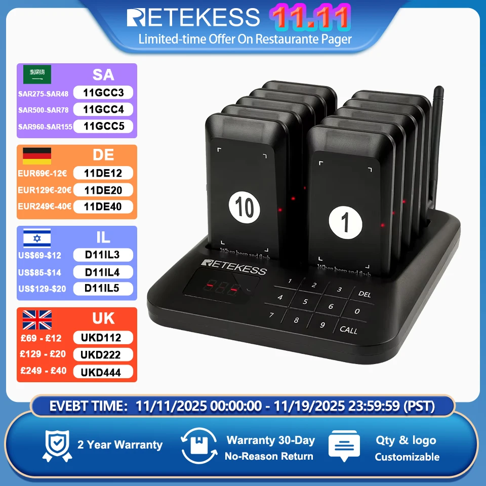 Retekess TD157S ワイヤレス通話システムポケットベルレストランブザービーパーベル受信機コースターフードトラックカフェバークリニック