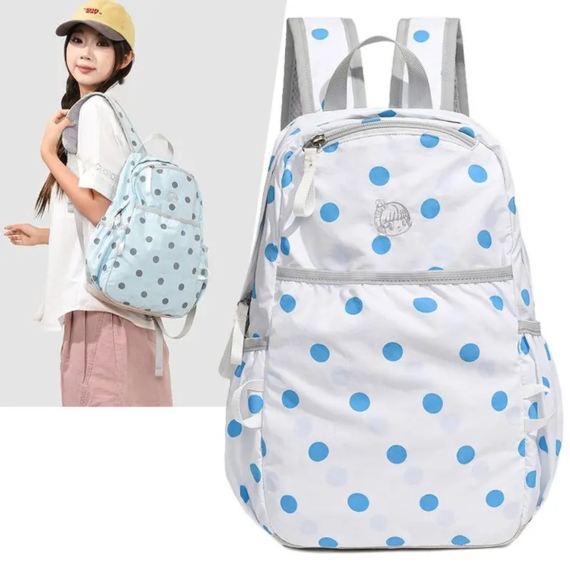 Women Polka Dot Drawstring Backpack Lightweight Waterproof Nylon School Travel Daypack Casual Foldable Shoulder Bag With Front
