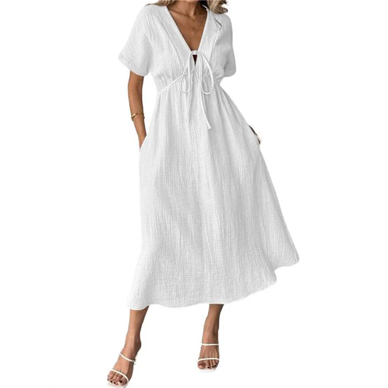 فستان ASDS-صيفي للنساء كاجوال بأكمام قصيرة وربطة عنق على شكل حرف V وكشكشة فساتين متوسطة الطول