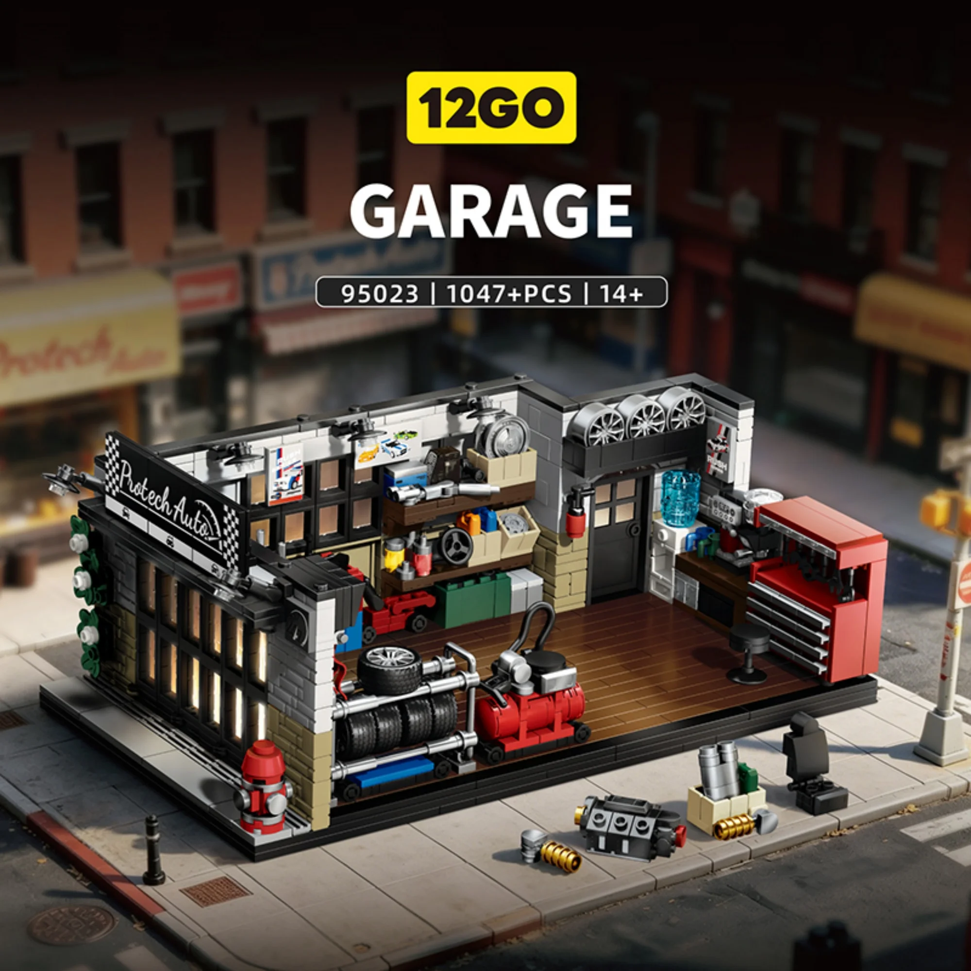 1047-teiliger Amerikanischer Retro-Reparatur-Garagen-Bausatz 12GO 95023 Autowerkstatt Fahrzeug-Bausteine Spielzeug für Erwachsene Geschenke