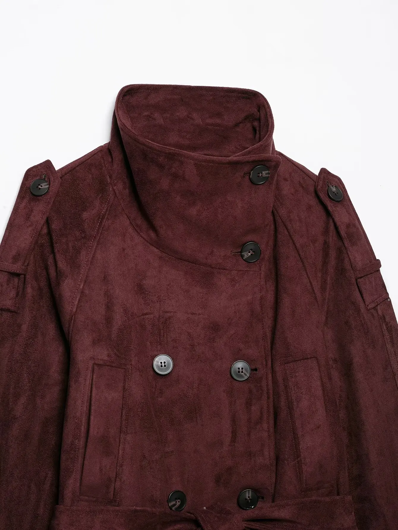 BSAY 2026 Commuter-Style Damenjacke aus Kunstwildleder, Burgunderrot, Stehkragen, Doppelreihig, mit Gürtel, Langarm, Kurze Oberbekleidung – Detail 5