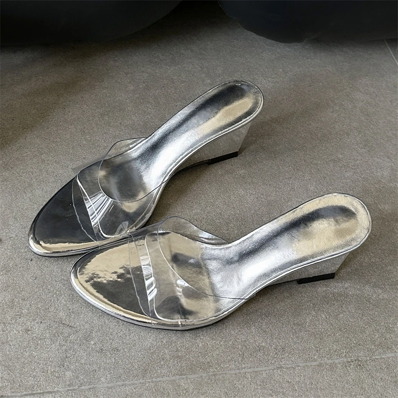 

Aneikeh Women Clear PVC Wedge Heel Slides Silver Open Toe Mules Summer Party Sandals Female Transparent Strap High Heel Slippers