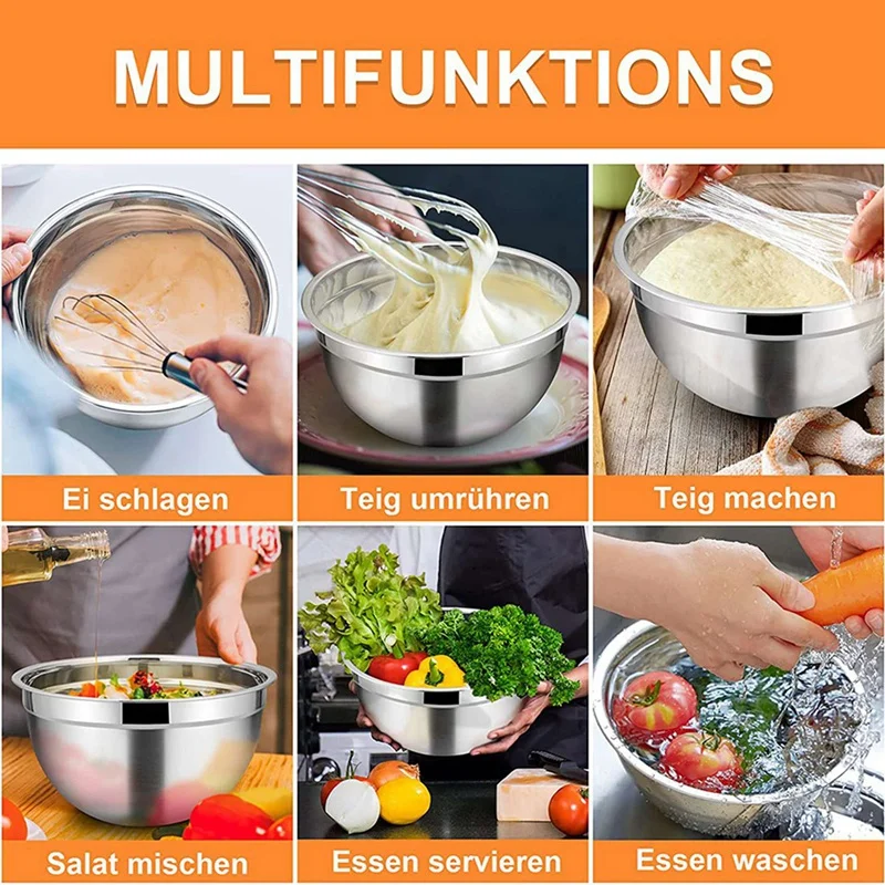 Tigela de aço inoxidável com tampa hermética, saladeira empilhável, tigela de servir para cozinha, cozinhar e assar, 15 PCs