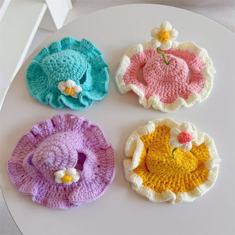 Floral Knitting Pet Dog Hat Lace Up Cute Warm Wool Winter Head Wear for Cats Outdoor Windproof Birthday Pet York Accessories