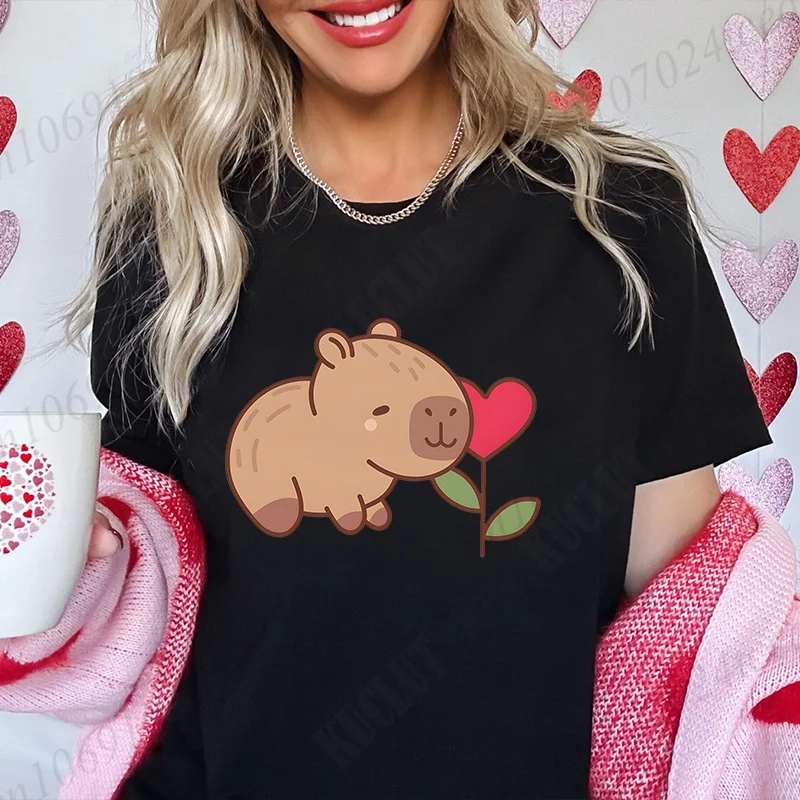 Valentine's Day Cute Capybara Printed T-Shirt Women Summer Short Sleeve Y2k Tops Fashion Hip Hop Tee Clothes Comfortable T Shirt