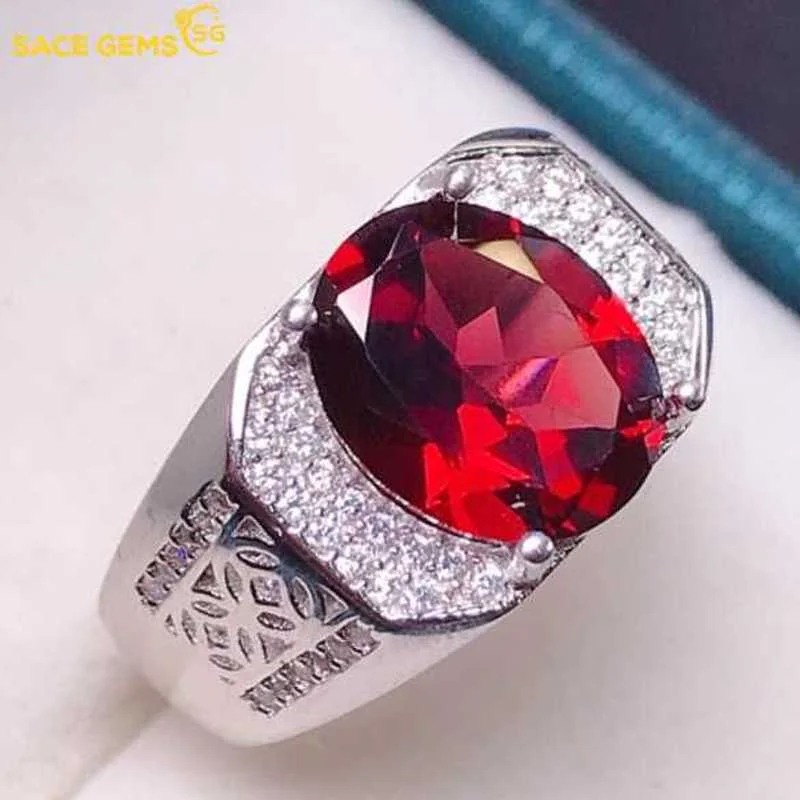 Sace gemas redimensionáveis 9*11mm natural garnet anel de luxo para o homem 925 prata esterlina casamento noivado jóias finas presente atacado