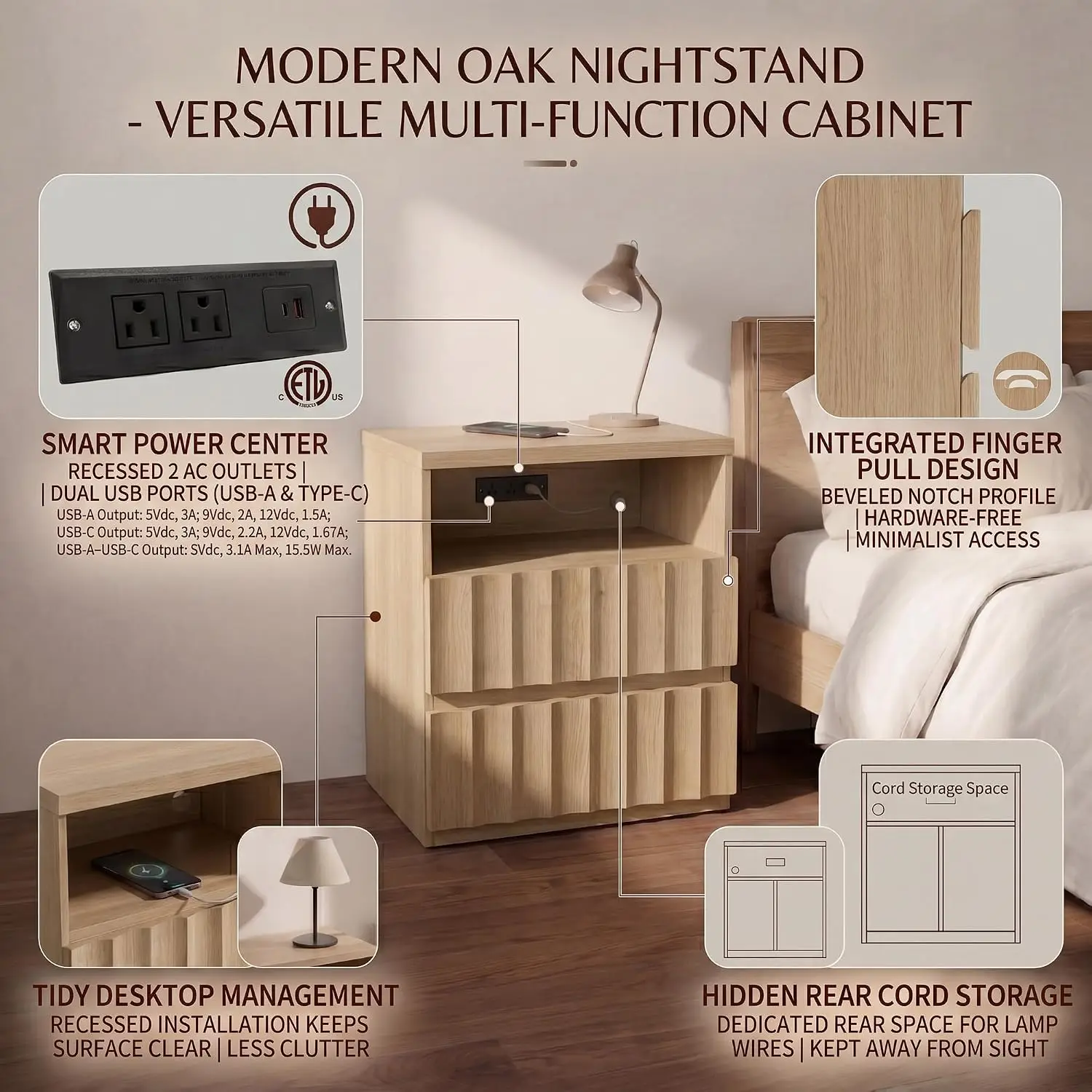 Light Oak Fluted Nightstand with Charging Station & Cord Cutouts, Large Drawer Bedside Table for Bedroom Office, Customized