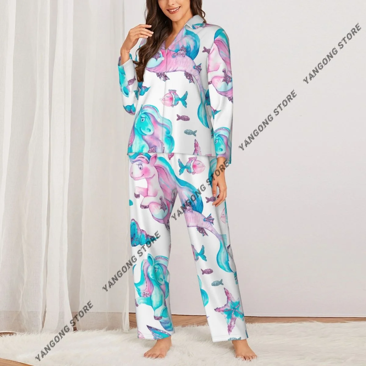Spring and Autumn Pajama Set Women's Long Sleeve Pants Two Piece Watercolor Sea Shells Horse Corals Fish Home Furnishing Set